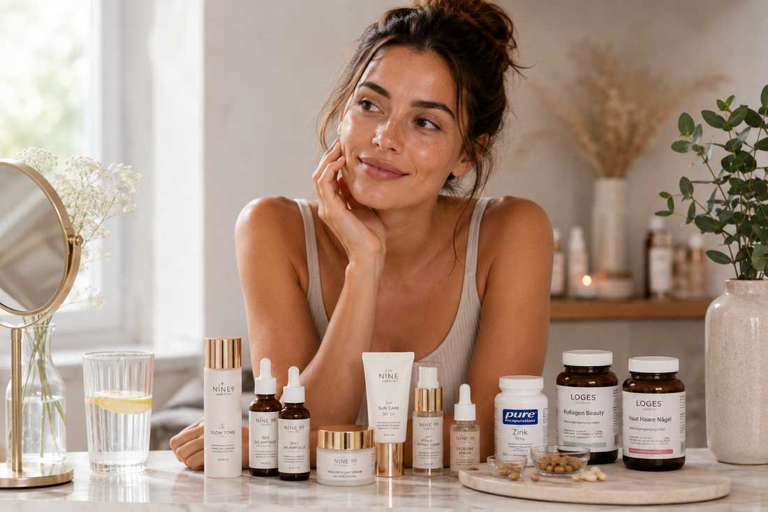 Frau mit strahlender Haut als Symbol für frühzeitige Anti-Aging-Pflege, Kollagenschutz und gesunde Hautalterung.