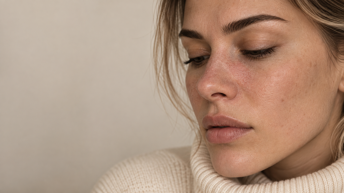 Seborrhoische Dermatitis – Rötung und Schuppung an Nasenflügeln und Augenbrauen