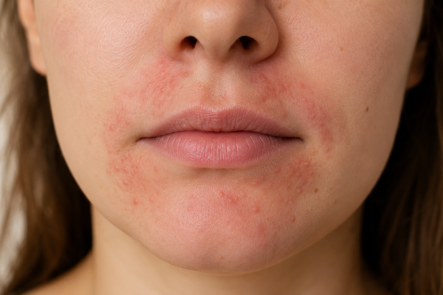 Periorale Dermatitis mit geröteter Haut und kleinen entzündlichen Papeln rund um den Mund – typisches Erscheinungsbild der Mundrose.