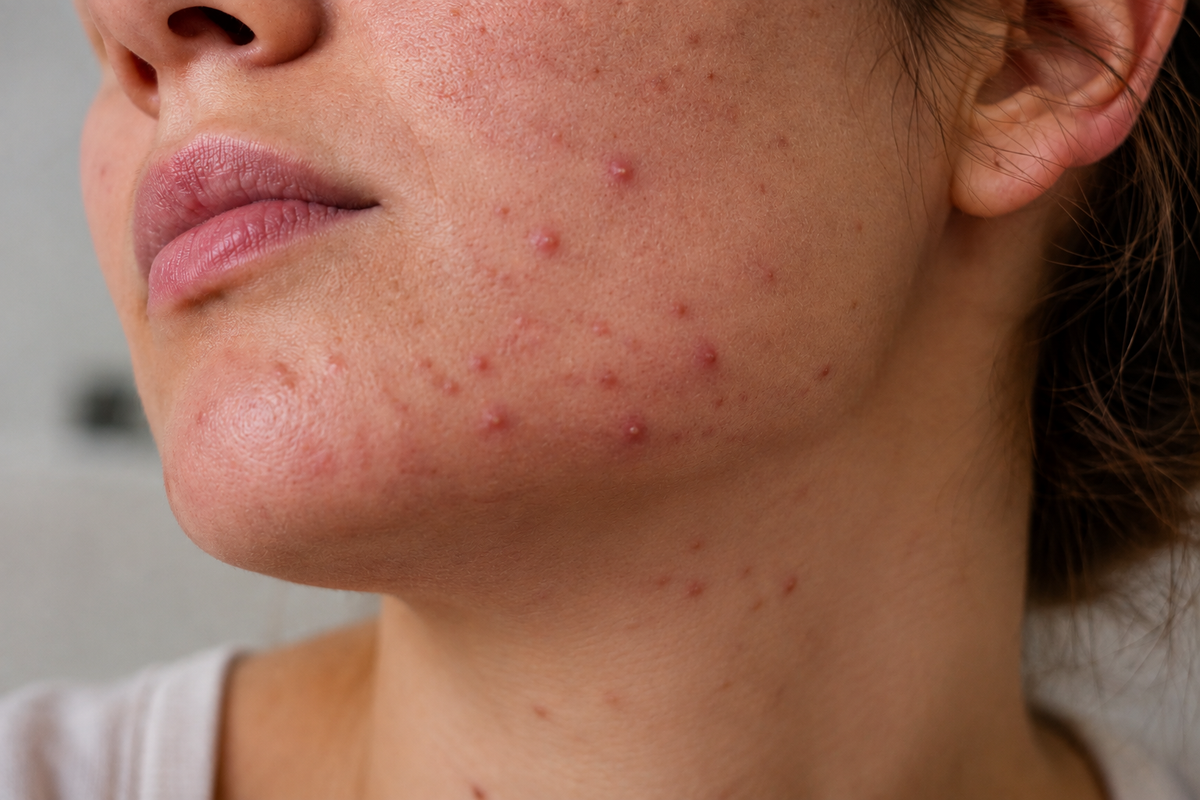 Hormonelle Akne am Kinn und an der Kieferlinie – Nahaufnahme der unteren Gesichtshälfte