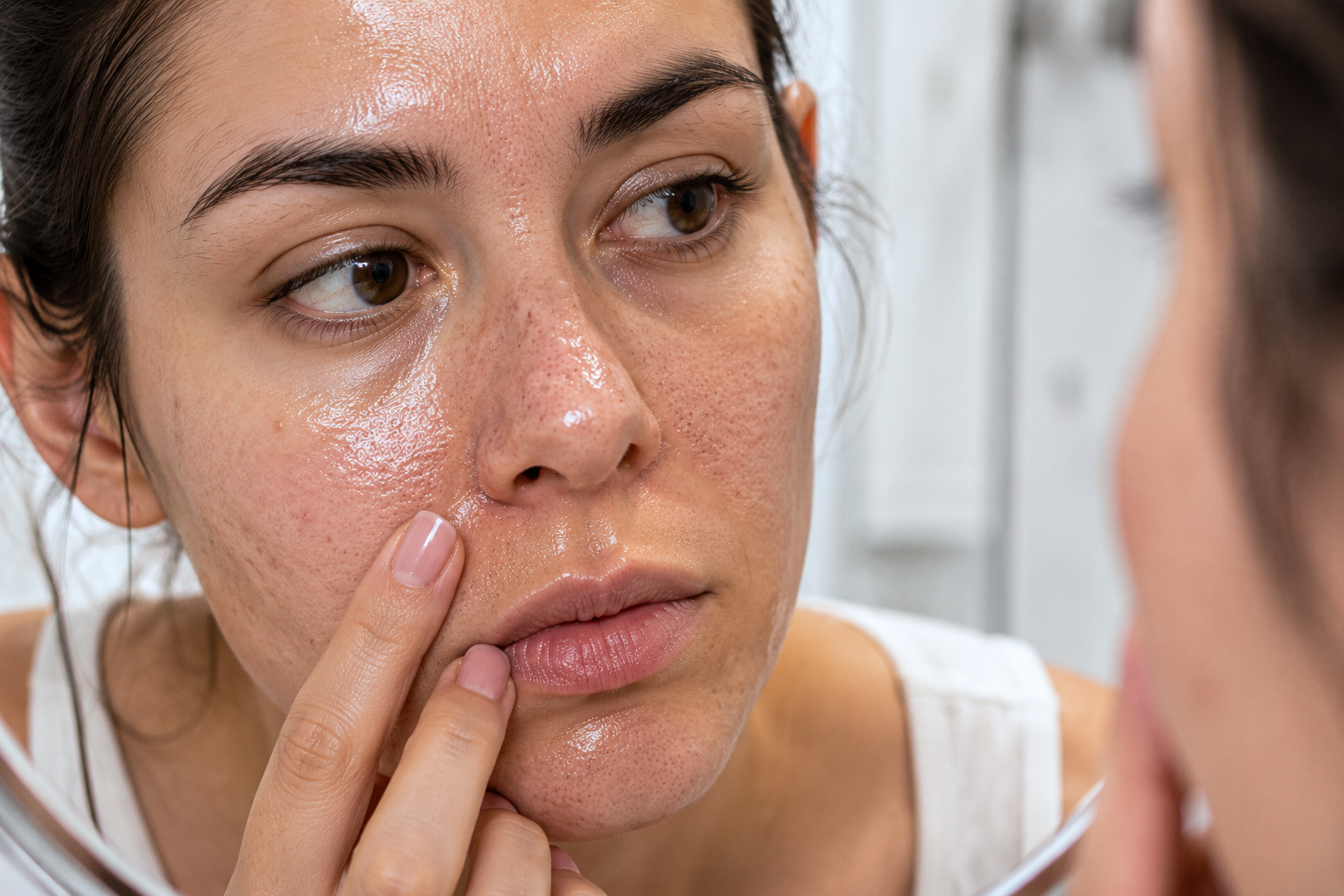 Frau mit unreiner Haut und sichtbaren Poren – Tipps gegen verstopfte Poren, Mitesser und Unreinheiten.
